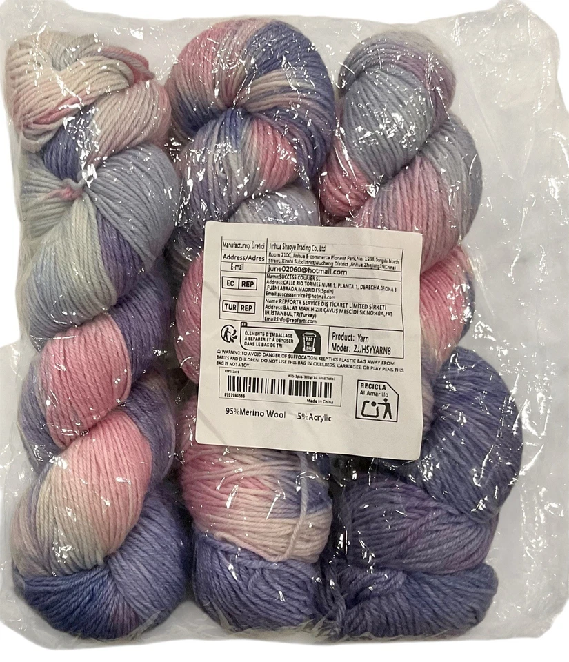 3-Merino Wool Yarn Hanks Purple Pink White Pastel Tye Dye 3.6 Oz Each - Image 2 of 2