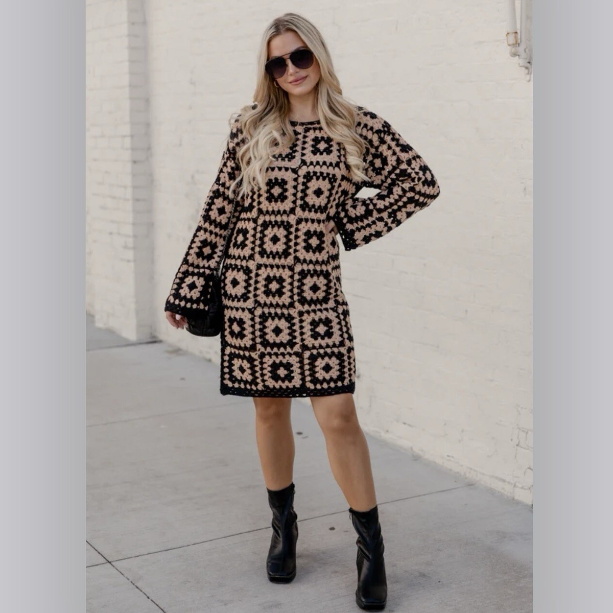 long sleeve crochet style mini dress NEW Pink Lily Women's Black & Tan Lined Sz Small TIMELESS-STYLE Designed in an airy Red White and Blue Crochet pattern Product Color:SHELL