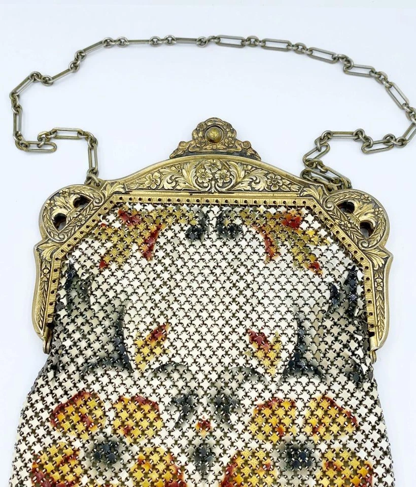 Cartera Art Deco Mandalian Perlada Floral Esmalte Malla Aleta con Marco Tono Dorado Foto 3 de 4