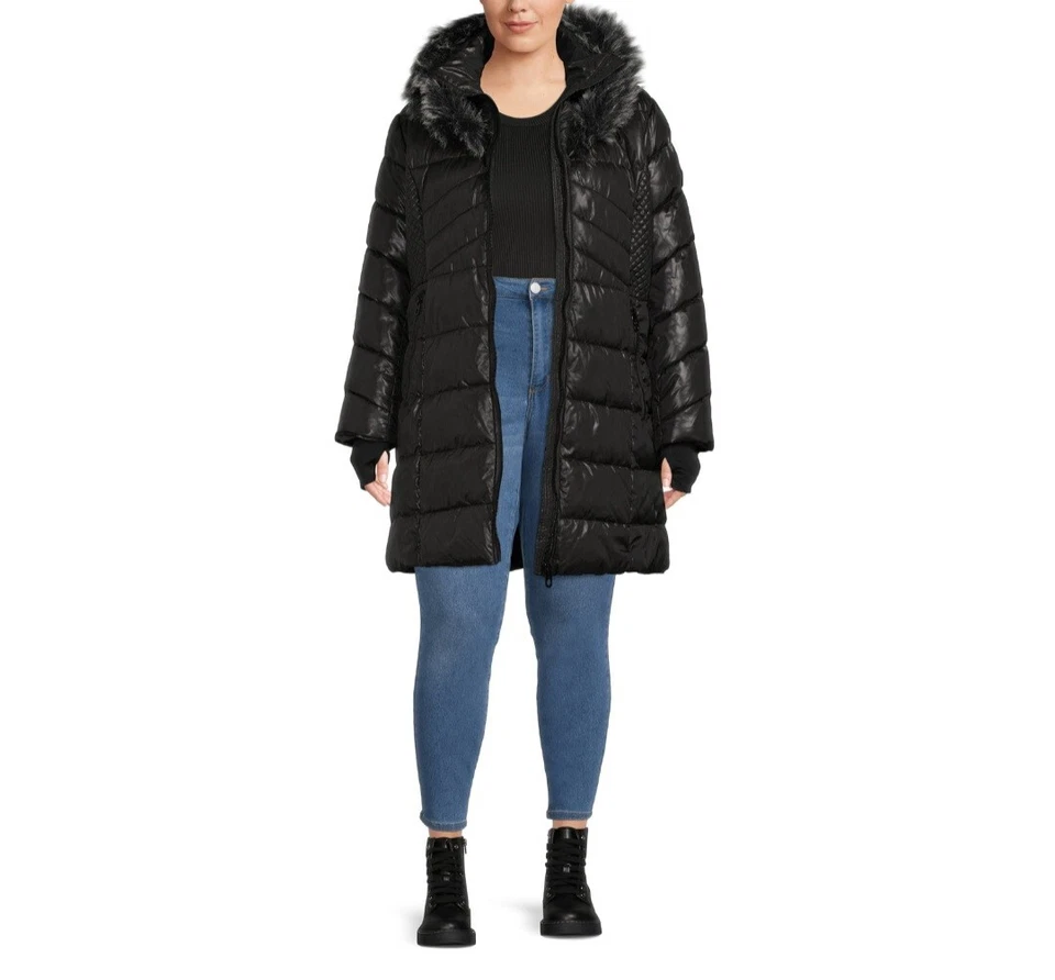 XOXO женщин мульти лоскутное одеяло пуховик пальто с капюшоном, размер 1XL черный  - Изображение 3 из 4