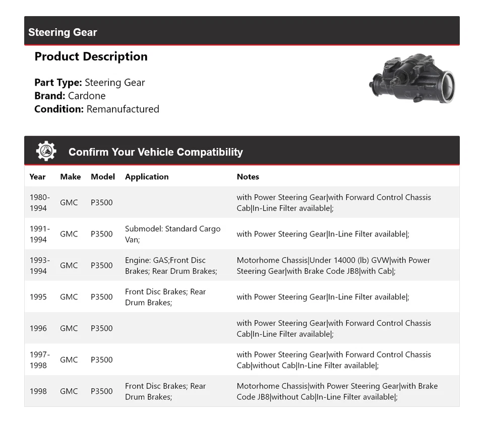Para 1980-1998 GMC P3500 Engranaje de dirección Cardone 1981 1982 1983 1984 1985 1986 1987 Foto 2 de 4