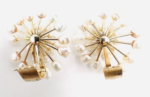Pendientes de clip antiguos Art Deco de oro amarillo macizo de 14 k con racimo de perlas - Imagen 10 de 12