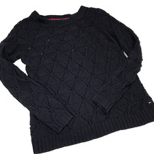 Tommy Hilfiger Chunky Cable Knit Peek Sweater Size Medium Pull Over Women  s Navy