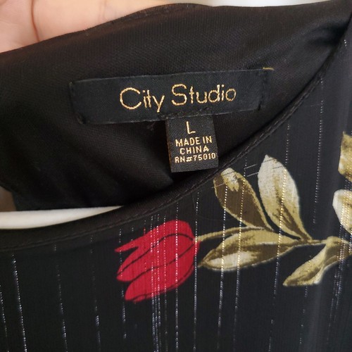City Studios Juniors Metallic Floral-Print Chiffon Dress Large Black Long Sleeve - 第 7/16 張圖片