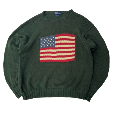 Vintage Polo Ralph Lauren USA American Flag Knit Sweater Green XL