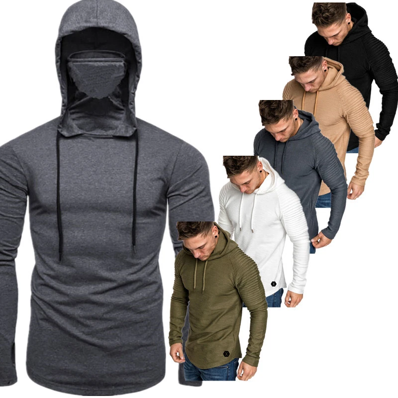 Men's Turtleneck Mask T-Shirt Hood Long Sleeve Fishing Hoodie Sweatshirt  Male