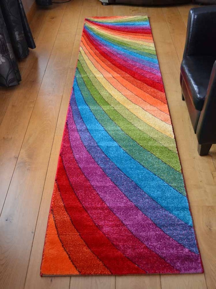 Funky Bright Rainbow Rugs Modern Multi Coloured Thick Runner Large Rug ...