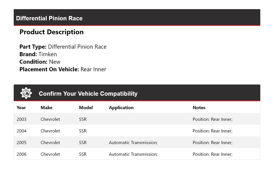 Para Chevrolet SSR 2003-2006 Diferencial Piñón Carrera Interior Trasero Timken 2004 2005 Foto 2 de 4