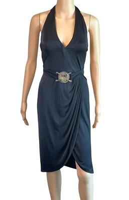 Versace S/S 2005 Runway Logo Belt Plunging Backless Wrap Black Dress | eBay