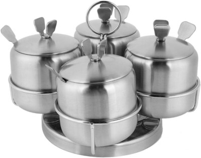 Stainless Steel Rotate Jars For Salt Spices Pot 4 Serving Spoons Luxurious Condi