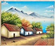 Mountain Village Painting 10x12" Landscape Art Spanish Architecture Beach Trees