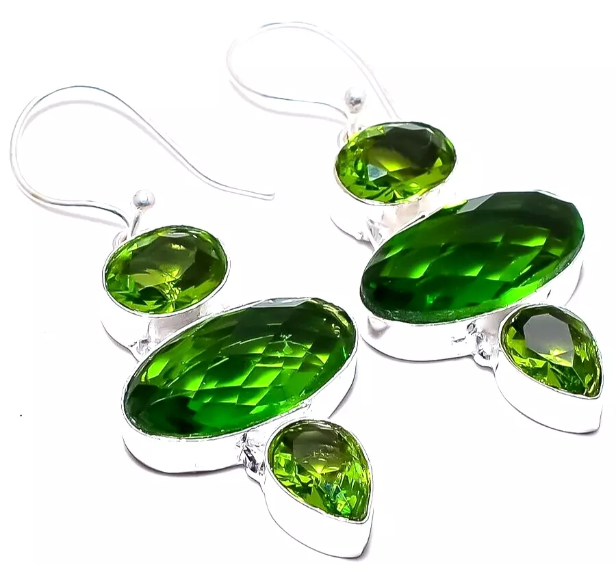 Green Peridot Gemstone 925 Sterling Silver Ethnic Handmade Jewelry Earrings - Image 2 of 4