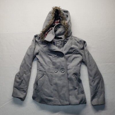 Rue 21 Pea Coat Gray Solid Winter With Detachable Fuzzy Hood Adult Women S  Small