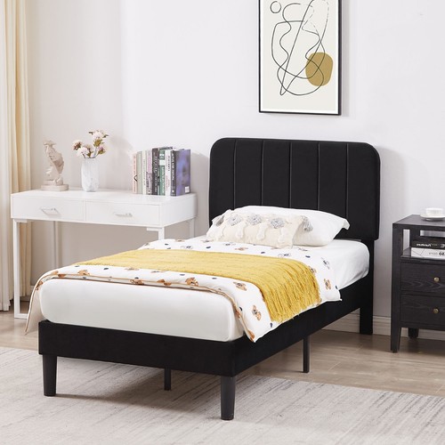 Twin/Full/Queen Bed Frame Velvet Upholstered Platform with Headboard Wooden Slat - Picture 118 of 119