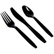 Black Plastic Cutlery Set 50 Spoons 50 Forks 50 Knives Reusable 150Pc