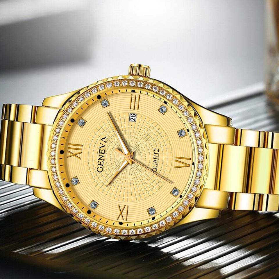 Men's Watch Gold Relojes De Hombre Classic Stainless Steel Quartz Diamond Watch main image 1