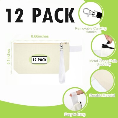 12 PACK! Blank Canvas Cosmetic Bags, Bulk Lot Heat Transfer