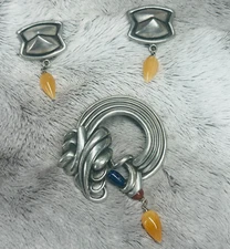 Vintage Huge Signed FAHRENHEIT NEW YORK Designer Silver Tone Brooch and Earrings