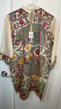 NWT Handmade Embroidered Linen Blend Kurti Tunic Folk Art Design