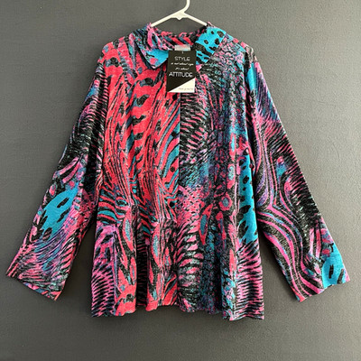Attitudes by Renee Size 2X Button Front Godet Shirt Pink Safari Pattern NEW