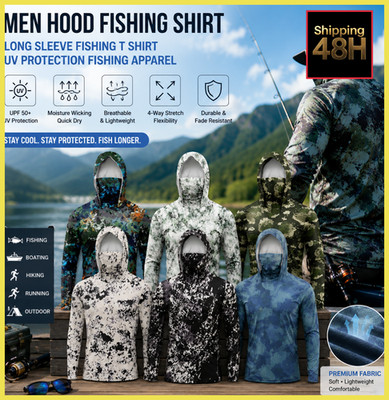 Men Hood Fishing Shirt long sleeve fishing t shirt uv protection Fishing Apparel