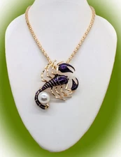 Betsey Johnson ~ Purple & Pearl Gold Scorpion Scorpio  Pendant / Brooch & Chain