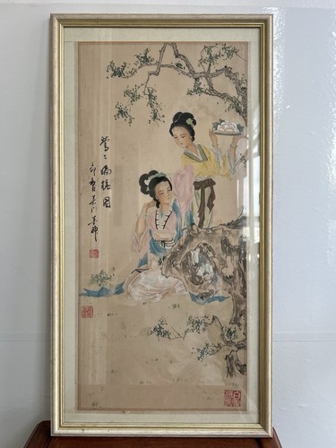 Acquerello cinese asiatico vintage su carta di riso arte dipinto a mano orientale firmato