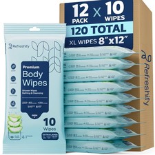 120 XL Shower Wipes   Body Wipes for Adults Bathing No Rinse   12 Packs of 10...