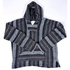 Baja Joe Sz Small Striped Drug Rug Hoodie Black Grey White Woven Mexican Poncho