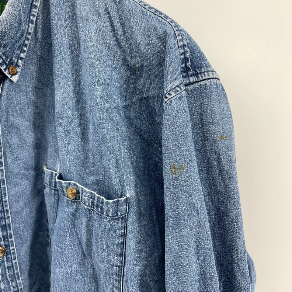 Camisa de mezclilla Cabela's para hombre 3XL alta azul abotonada manga larga ropa de trabajo manchada Foto 3 de 4