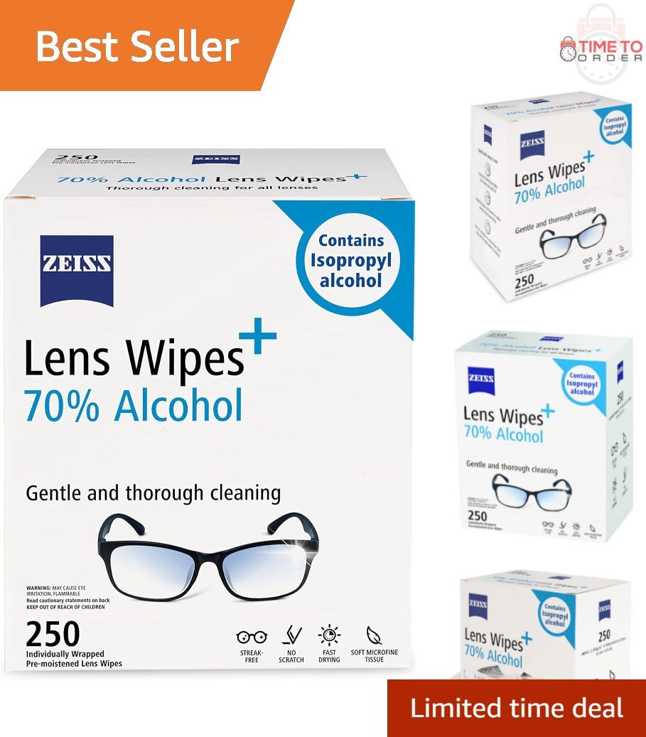 Lens Cleaning Wipes Pre-Moistened 70% Alcohol 250 Count Safe Streak-Free