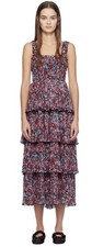 Ganni Multicolored Printed Midi Red Pleated Georgette Flounce Smocked Sz 38