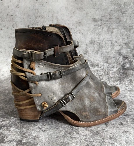 Freebird Carter Leather Strappy Buckle Heeled Booties US 9