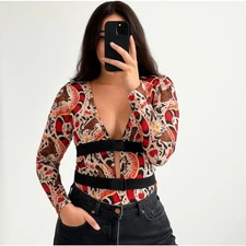 Tattoo Print Mesh Buckle Bodysuit Sheer Festival Edgy Grunge Punk Rave Large