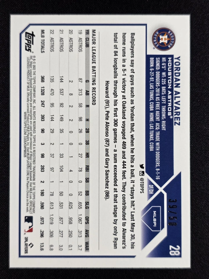Yordan Alvarez 2023 Topps MLB Players Exclusive Gold 39/50 #28 ASTROS - Image 2 of 2