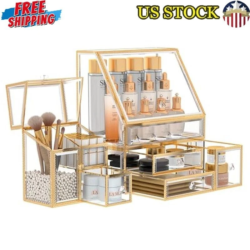 High Hardness Glass Makeup Skincare Organizer Storage Vanity Desk Gift Gold New