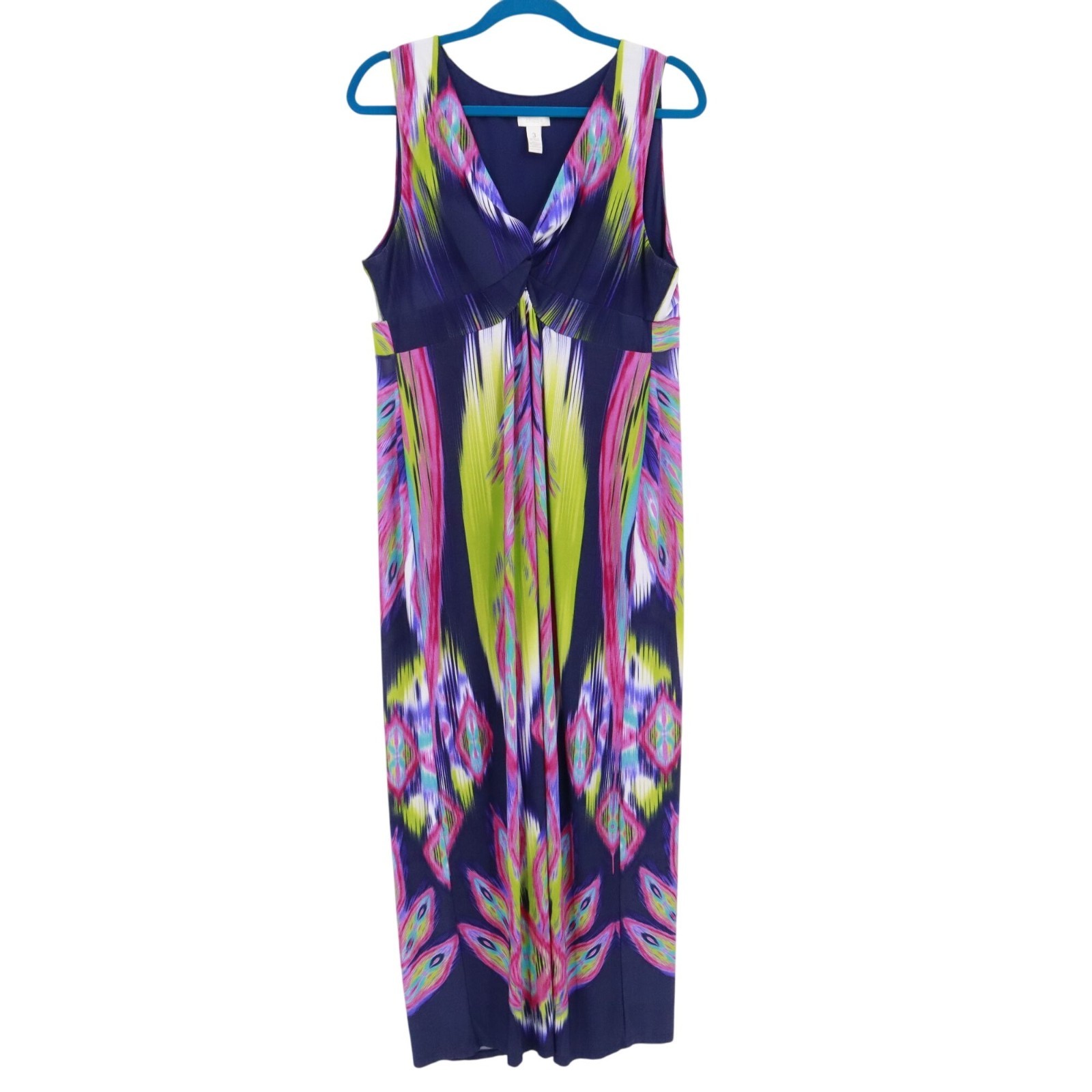 Chico's Maxi Dress Womens XL Blue Boho Vibrant Resortwear Eclectic Bold Artistic