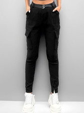 Nuofengkudu Black Stretchy Cargo Trousers Women 4 Pockets Elasticated High Waist