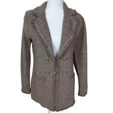 Chico's Women's Blazer Jacket Fringe Open Front Silver Metallic Weave Size S
