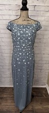 Adrianna Papell 12 Beaded Dress Blue Sequin 3D Floral Chiffon Prom Gala Regency