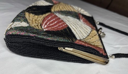 Vintage Art Deco Style Beaded Clutch Purse Gemstone Clasp Mirror Inside Satin - Picture 8 of 19