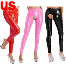 Womens Latex Shiny Metallic Tights Pants Elastic Waistband Slightly Trousers