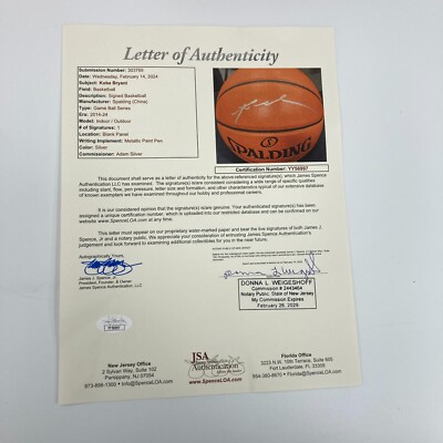 Kobe Bryant Signed Spalding Official Game Basketball Silver Ink