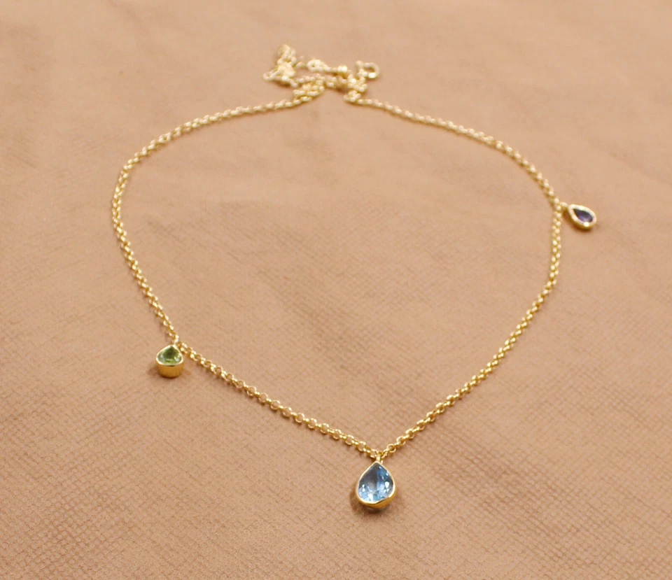 Collana in argento sterling 925 gioielli topazio blu placcato oro 16+2" - Immagine 3 di 4