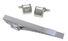 SET Manschettenkn&ouml;pfe + Krawattennadel silbern matt-gl&auml;nzend 6,9 cm + Box KLS041