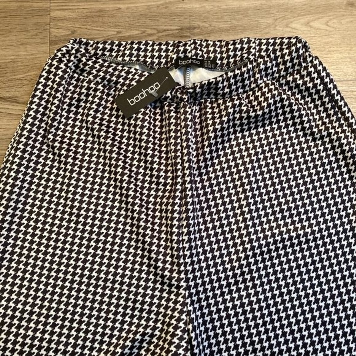 Boohoo High Waisted Dogtooth Check Split Front Trousers Size 12