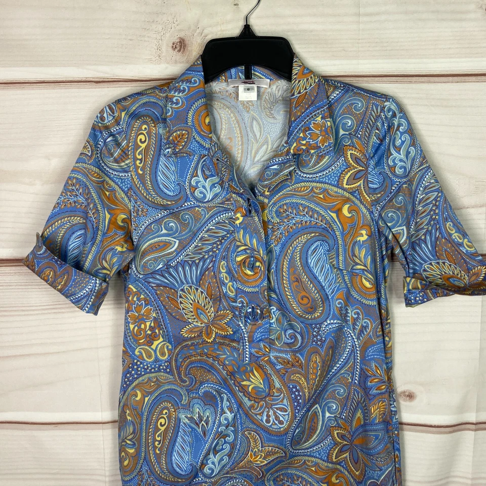 Leggiadro Dress Women 6 Blue Yellow Paisley Shirt Short Sleeve 1/4 Button Collar - Изображение 2 из 4