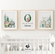 Nursery Wall Art Prints Woodland Boho floral baby boy decor set of three prints