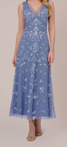 Adrianna Papell Women's Blue Beaded V-Neck Party Dress Size 14