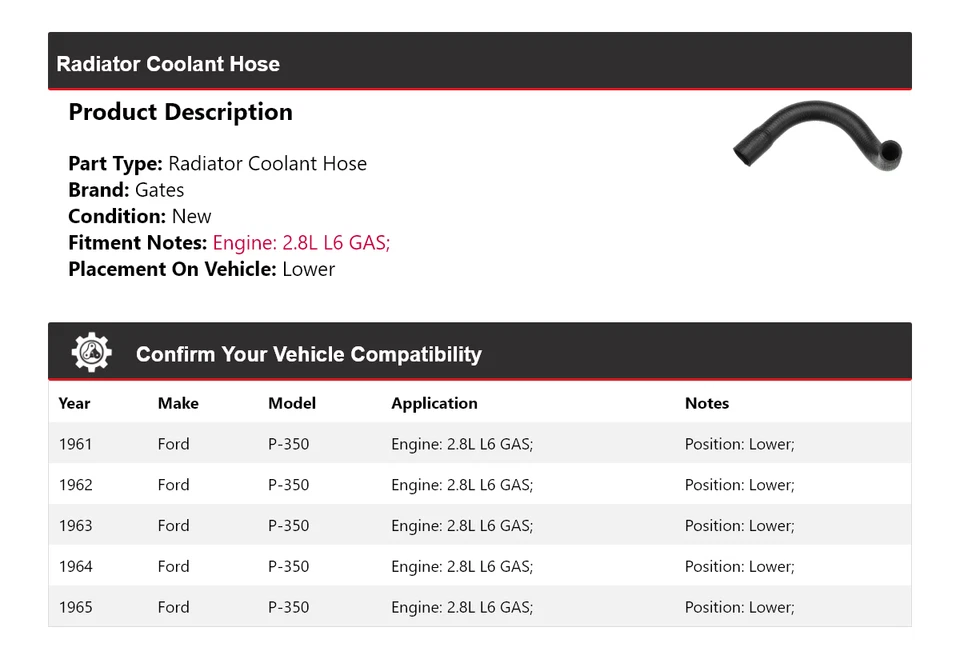 For 1961-1965 Ford P-350 2.8L L6 GAS Radiator Coolant Hose Lower Gates 1962 1963 - Image 2 of 4